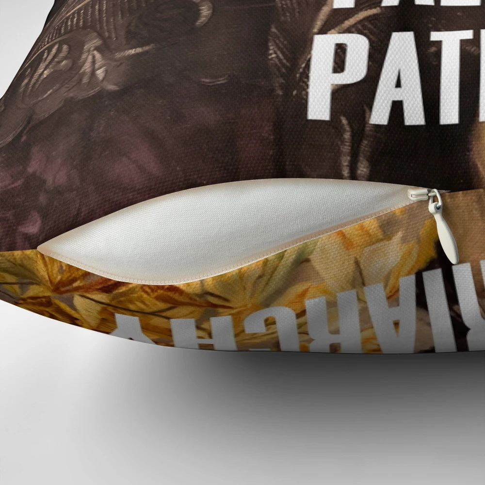 Feminist pillow with a humorous quote about the fall of the patriarchy