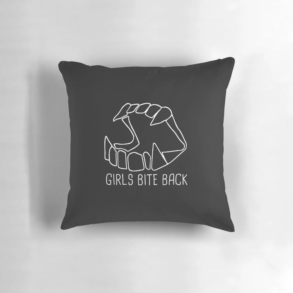 Empowered women bite back pillow with feminist and girl gang design