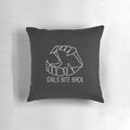 Empowered women bite back pillow with feminist and girl gang design