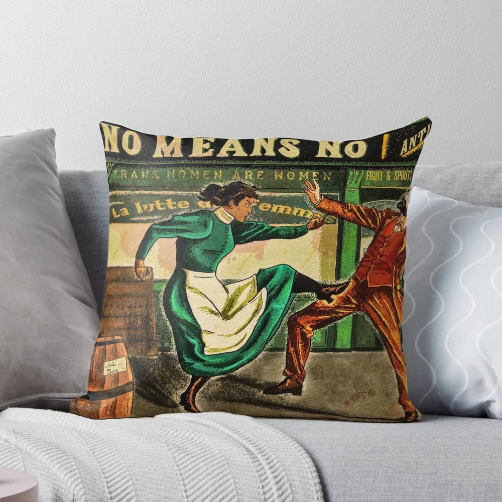 Protest pillow with "No Means No" message, promoting feminism and social justice