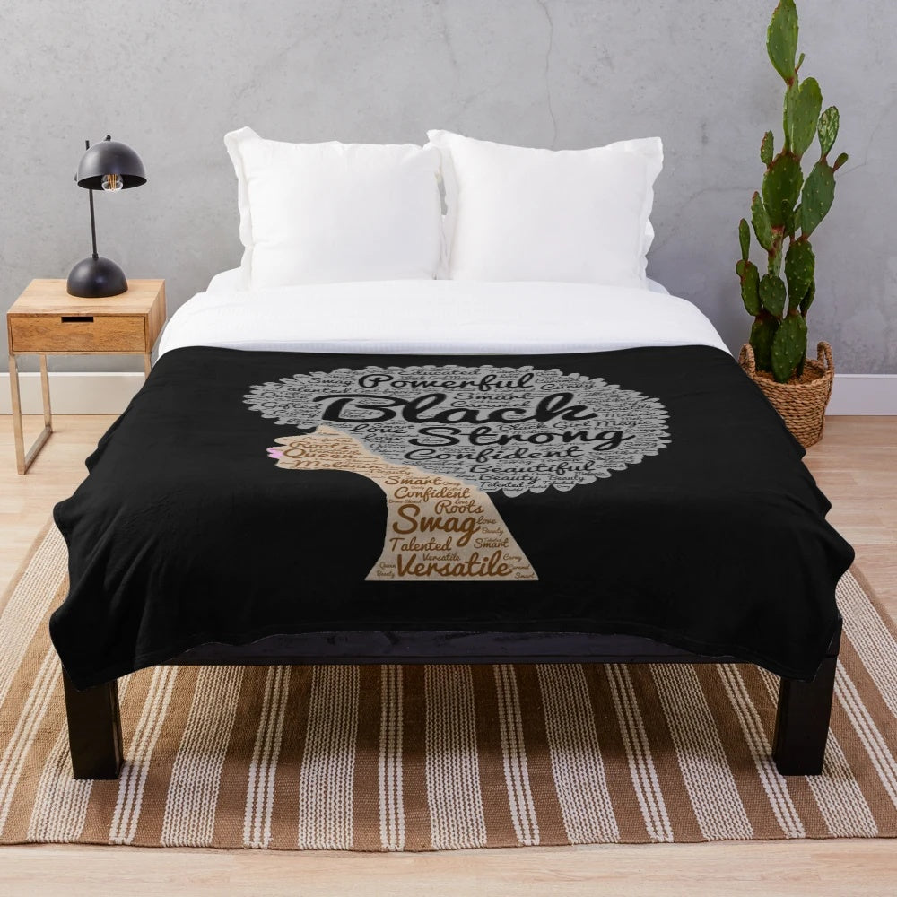 Soft plush blanket featuring afro art and inspiring words for black women and natural hair pride