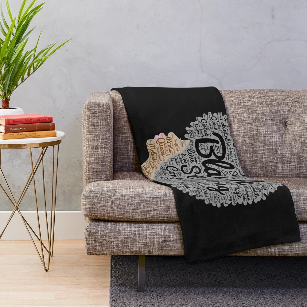 Soft plush blanket featuring afro art and inspiring words for black women and natural hair pride