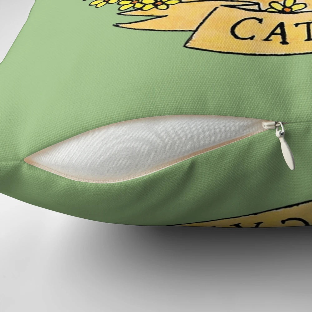 Colorful decorative throw pillow featuring cats against catcalls design, promoting feminism and women's rights.