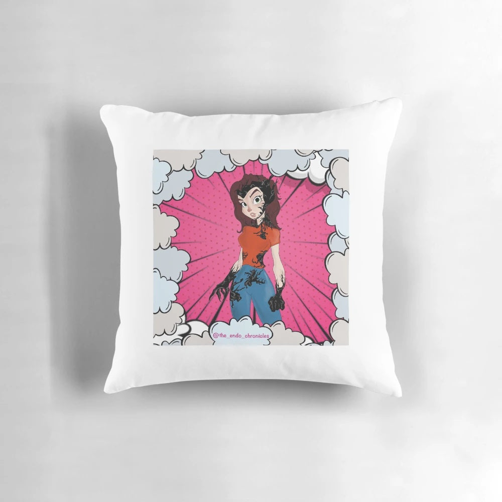 A colorful pillow depicting characters from the Endo Chronicles comic series, designed to raise awareness and support for those living with endometriosis.