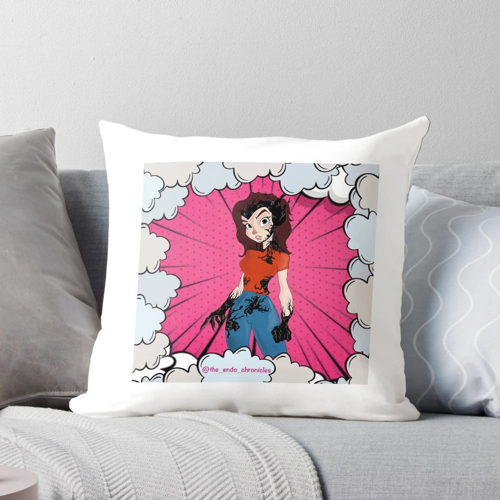 A colorful pillow depicting characters from the Endo Chronicles comic series, designed to raise awareness and support for those living with endometriosis.