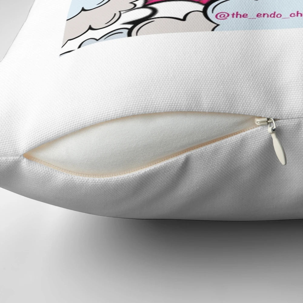 A colorful pillow depicting characters from the Endo Chronicles comic series, designed to raise awareness and support for those living with endometriosis.