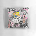 Colorful feminism collage print on a decorative throw pillow, featuring powerful women's icons and slogans.