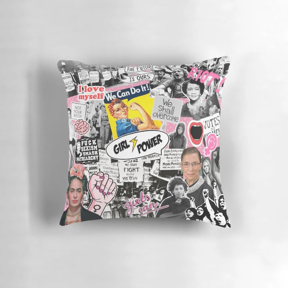 Colorful feminism collage print on a decorative throw pillow, featuring powerful women's icons and slogans.