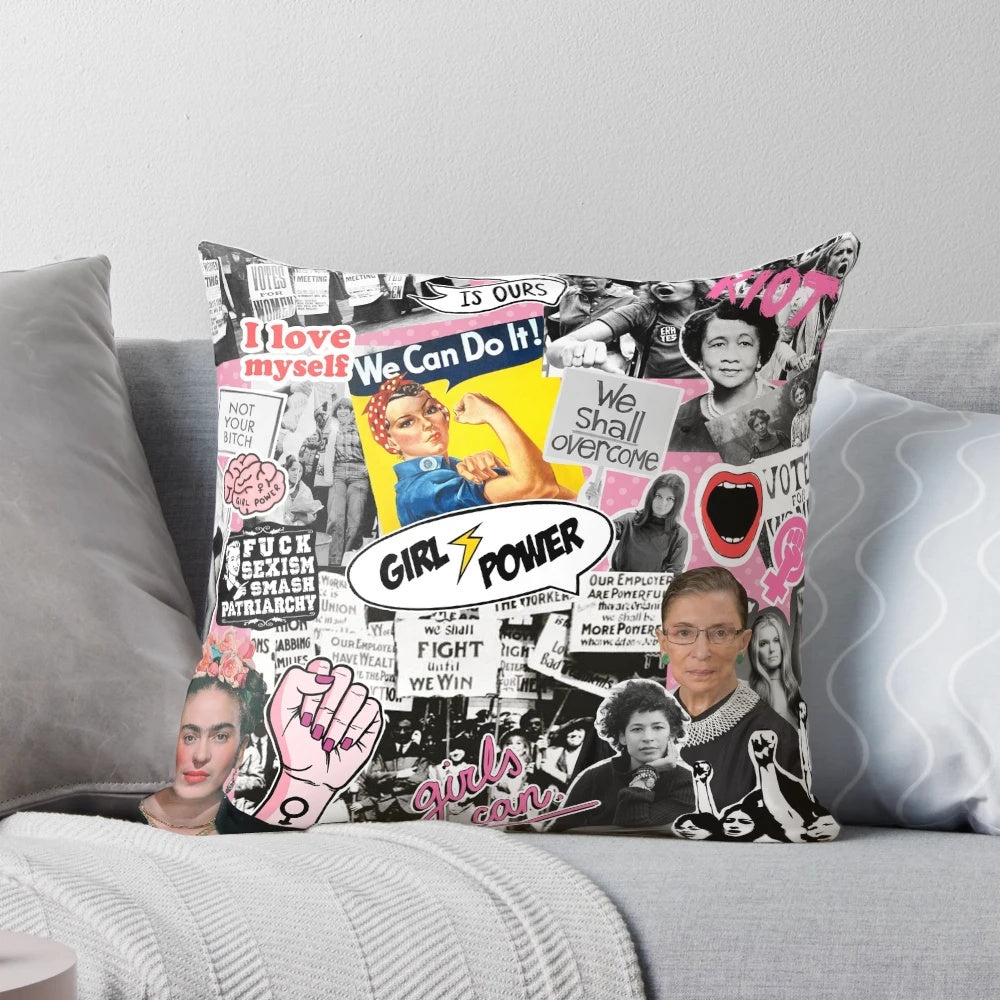 Colorful feminism collage print on a decorative throw pillow, featuring powerful women's icons and slogans.