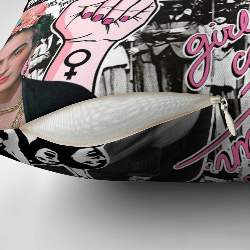 Colorful feminism collage print on a decorative throw pillow, featuring powerful women's icons and slogans.