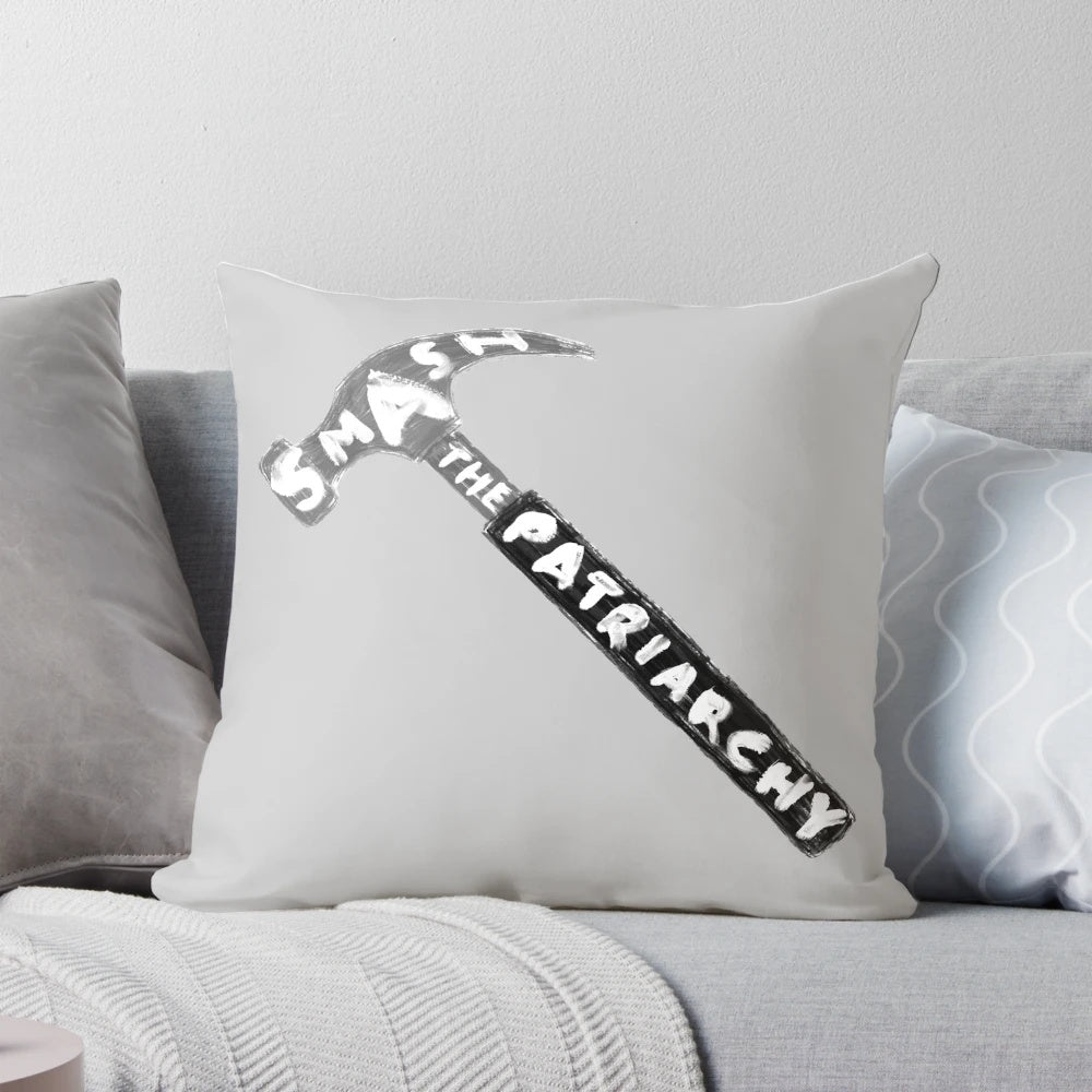 Feminist pillow with "Smash the Patriarchy" text, promoting gender equality and women's rights.