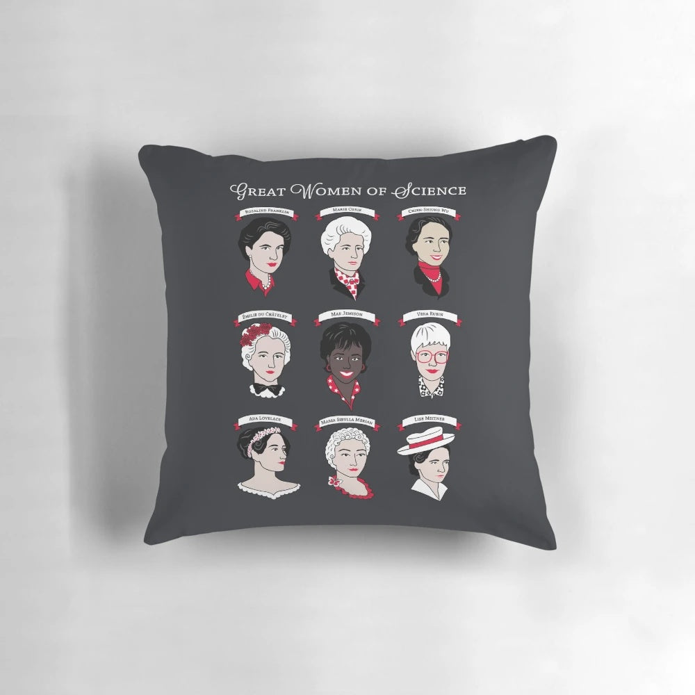 Throw pillow set featuring portraits of inspiring female scientists like Marie Curie, Rosalind Franklin, and Ada Lovelace.