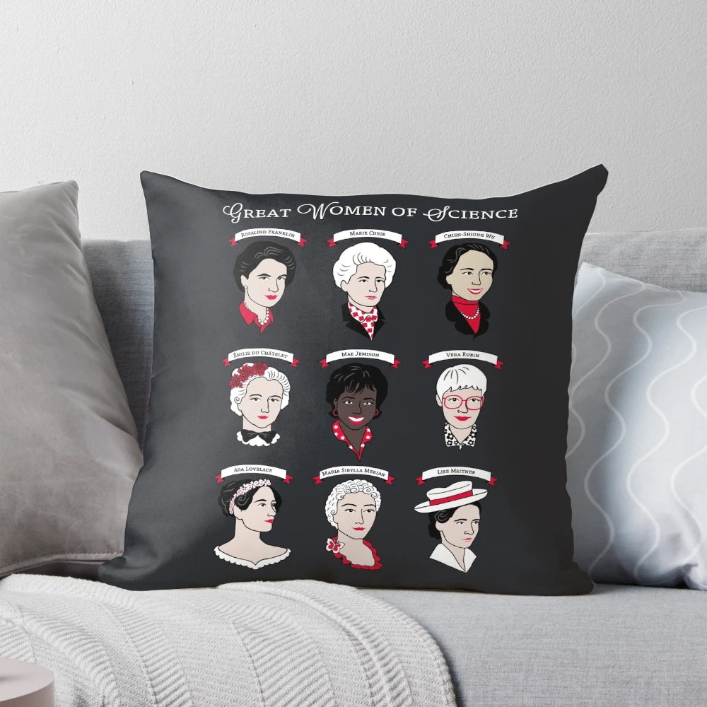 Throw pillow set featuring portraits of inspiring female scientists like Marie Curie, Rosalind Franklin, and Ada Lovelace.