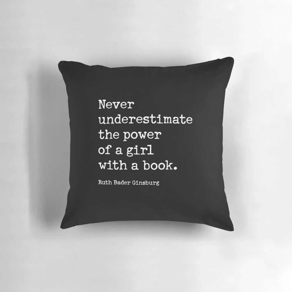 Decorative throw pillow featuring a quote and image of Ruth Bader Ginsburg, a trailblazing lawyer and Supreme Court Justice.