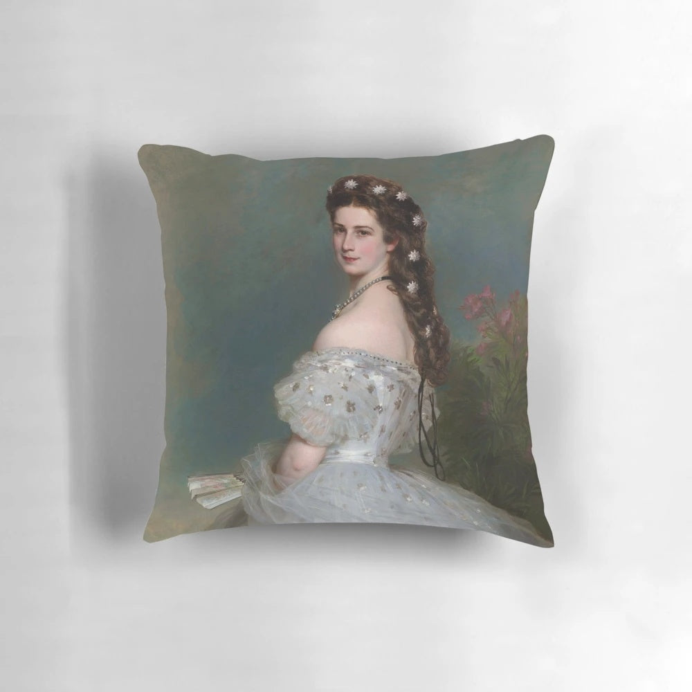 Elegant portrait of Empress Elisabeth of Austria, also known as Sisi, wearing a diamond crown and pearl necklace.