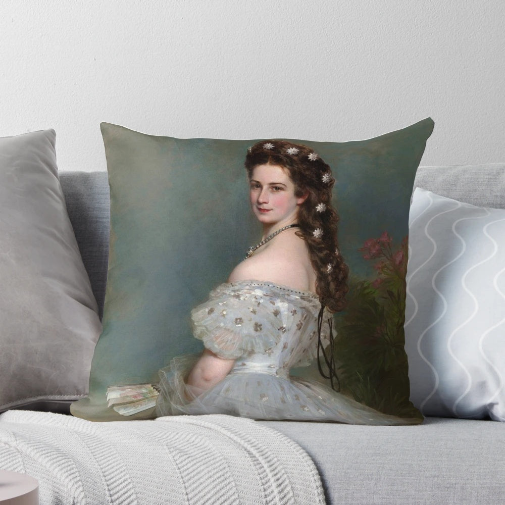 Elegant portrait of Empress Elisabeth of Austria, also known as Sisi, wearing a diamond crown and pearl necklace.