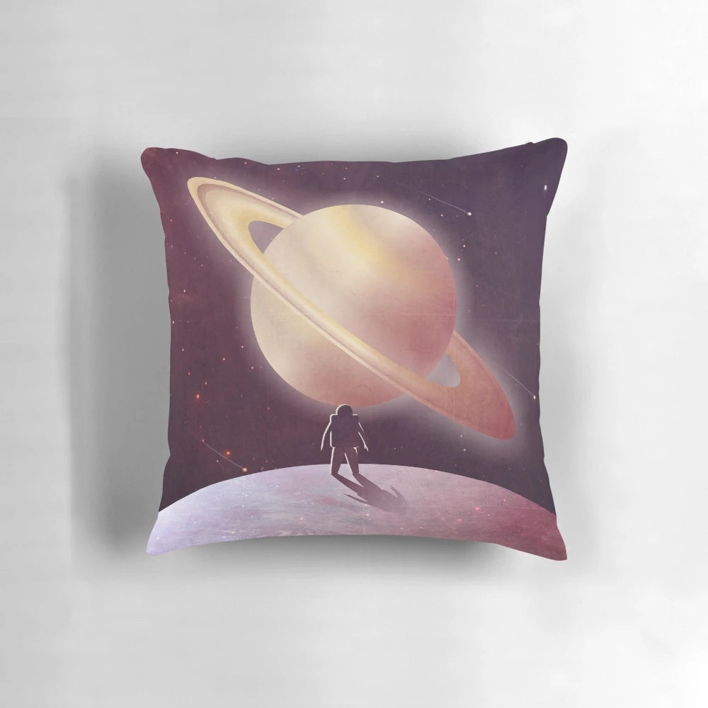 Pillow featuring a stunning illustration of the planet Saturn's moon, Enceladus, in a fantasy space setting.