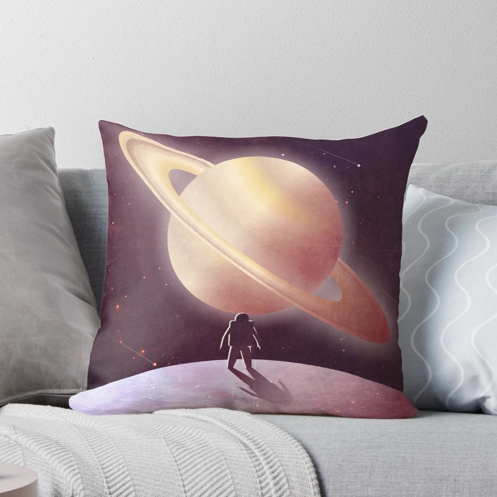 Pillow featuring a stunning illustration of the planet Saturn's moon, Enceladus, in a fantasy space setting.