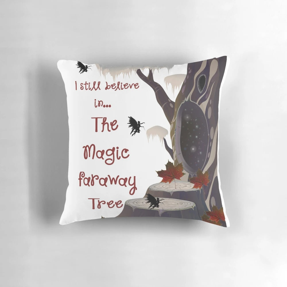 A whimsical throw pillow featuring the iconic Magic Faraway Tree from Enid Blyton's beloved children's book series.