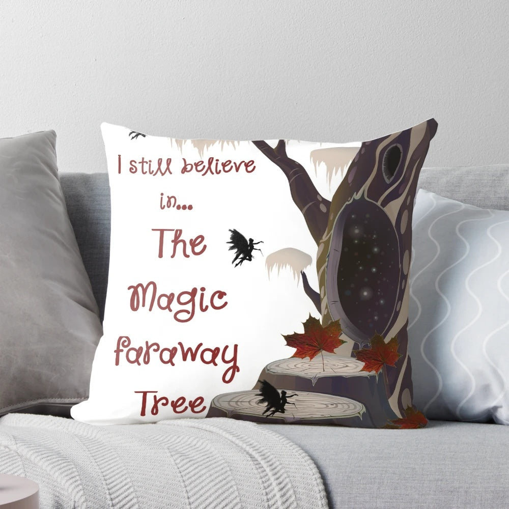 A whimsical throw pillow featuring the iconic Magic Faraway Tree from Enid Blyton's beloved children's book series.
