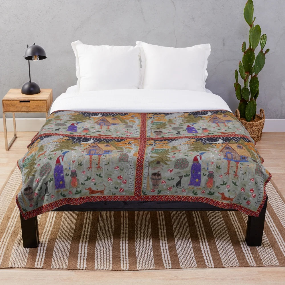 Baba Yaga's Enchanted Forest Plush Blanket with Birch Trees, Snowy Owl, and Magical Creatures