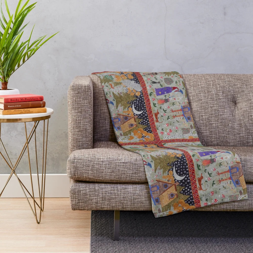 Baba Yaga's Enchanted Forest Plush Blanket with Birch Trees, Snowy Owl, and Magical Creatures