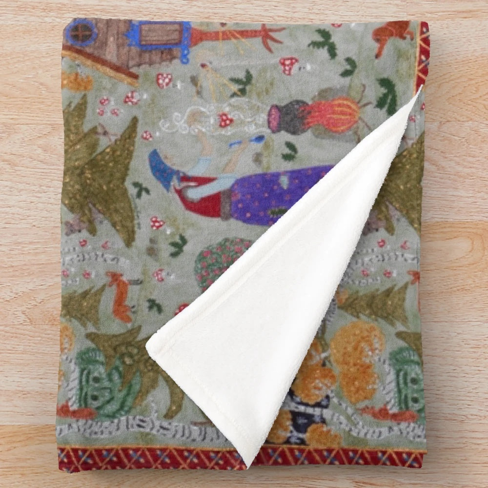 Baba Yaga's Enchanted Forest Plush Blanket with Birch Trees, Snowy Owl, and Magical Creatures
