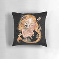 An enchanting pillow design featuring a surreal, gothic-inspired image of a girl with big eyes, unicorns, and skulls.