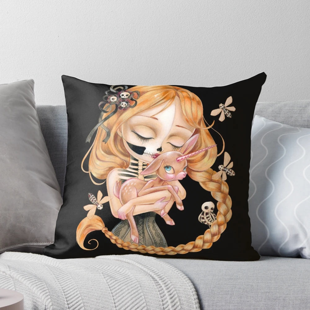 An enchanting pillow design featuring a surreal, gothic-inspired image of a girl with big eyes, unicorns, and skulls.