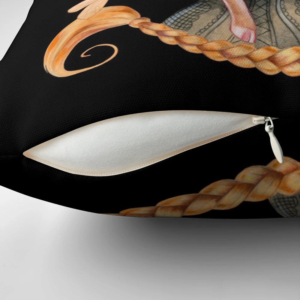 An enchanting pillow design featuring a surreal, gothic-inspired image of a girl with big eyes, unicorns, and skulls.