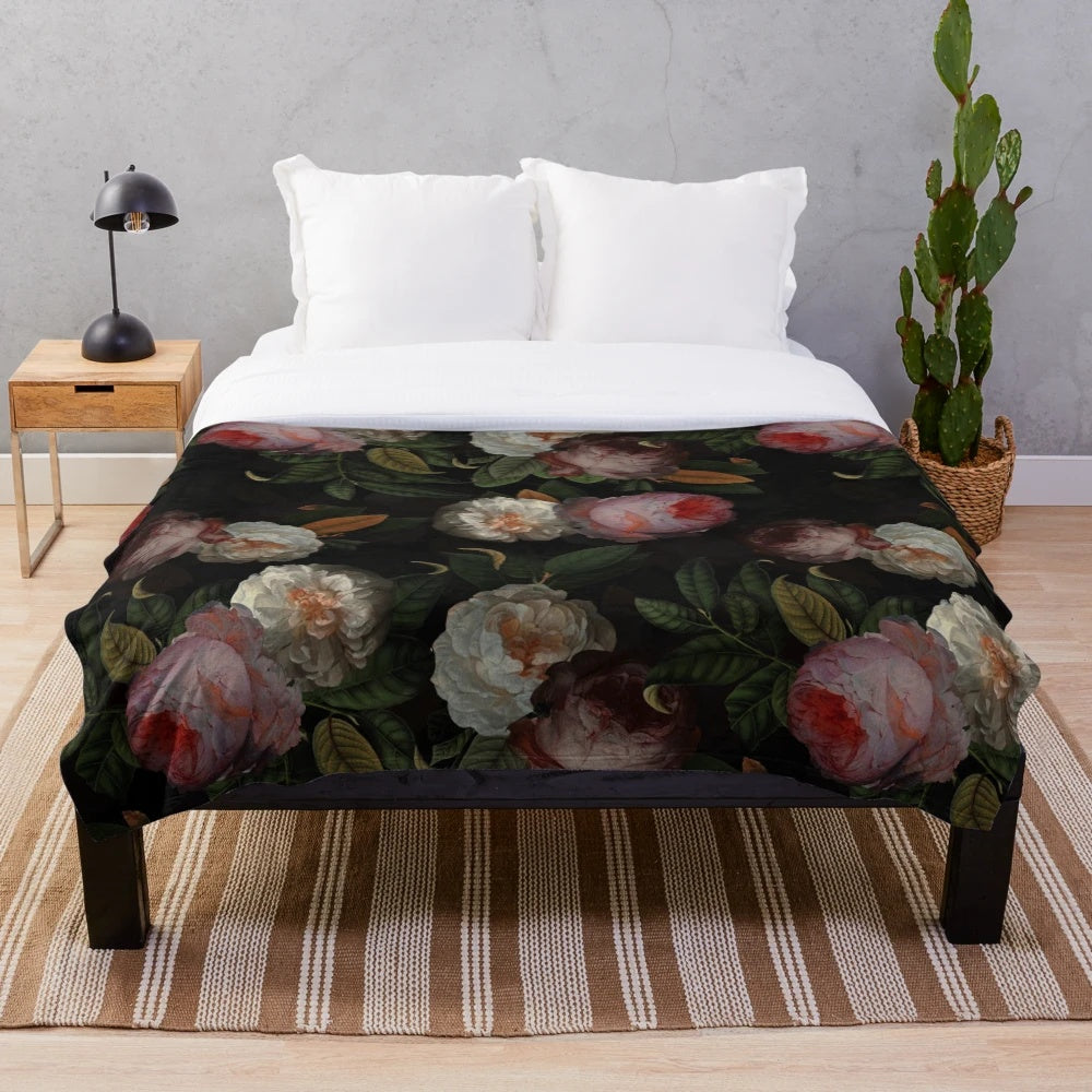 Black floral plush blanket with vintage botanical garden design