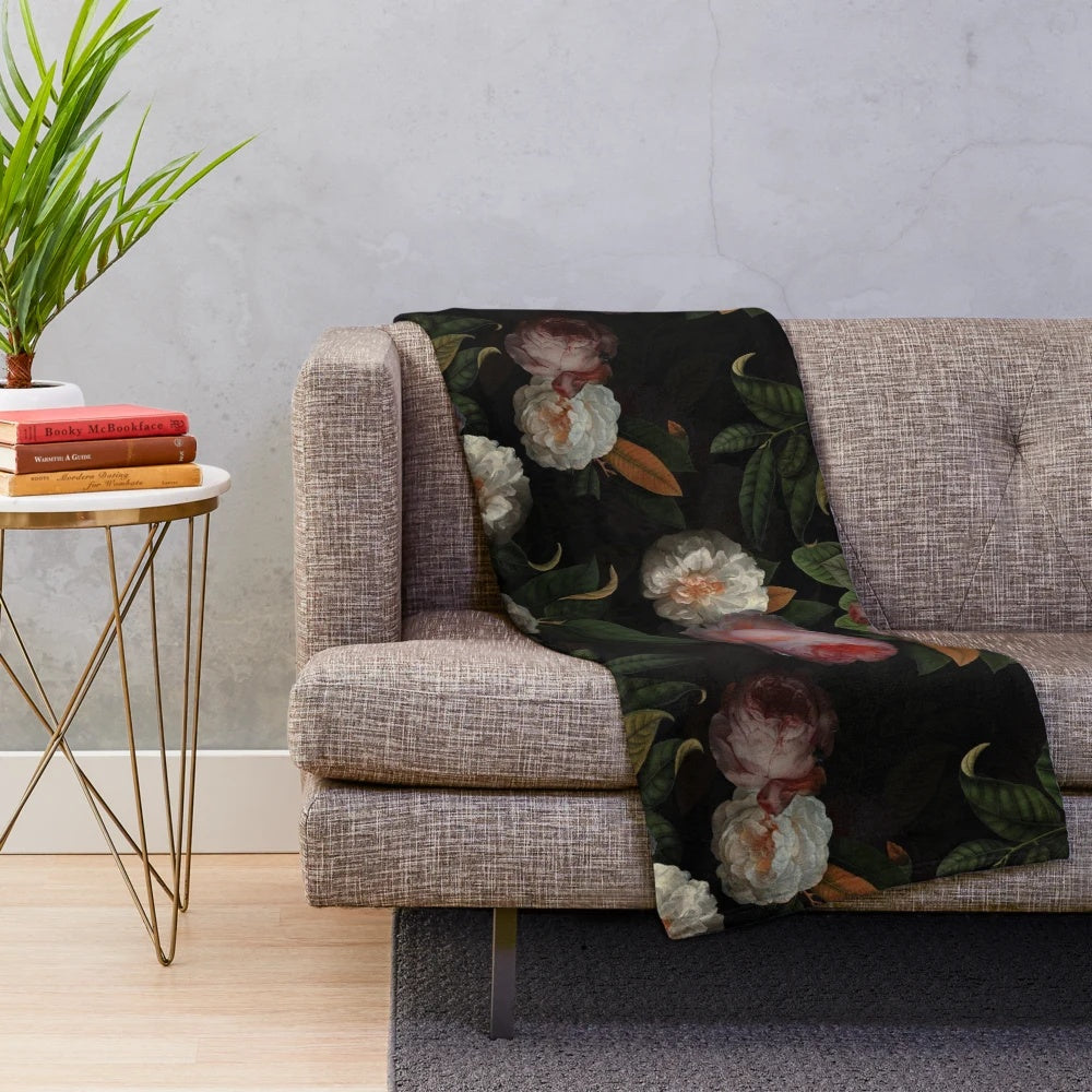 Black floral plush blanket with vintage botanical garden design