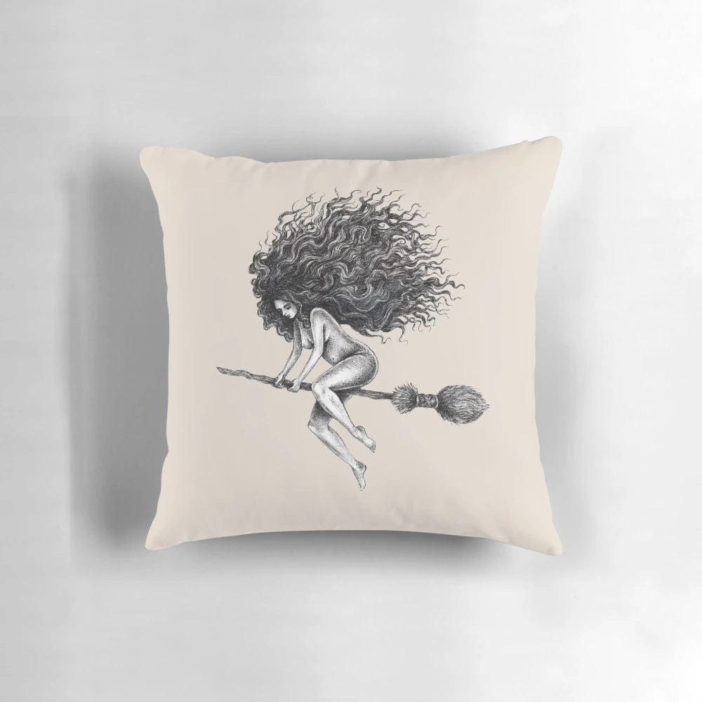 Soft, plush pillow featuring a witch riding a broom against a spooky, magical background.