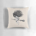 Soft, plush pillow featuring a witch riding a broom against a spooky, magical background.
