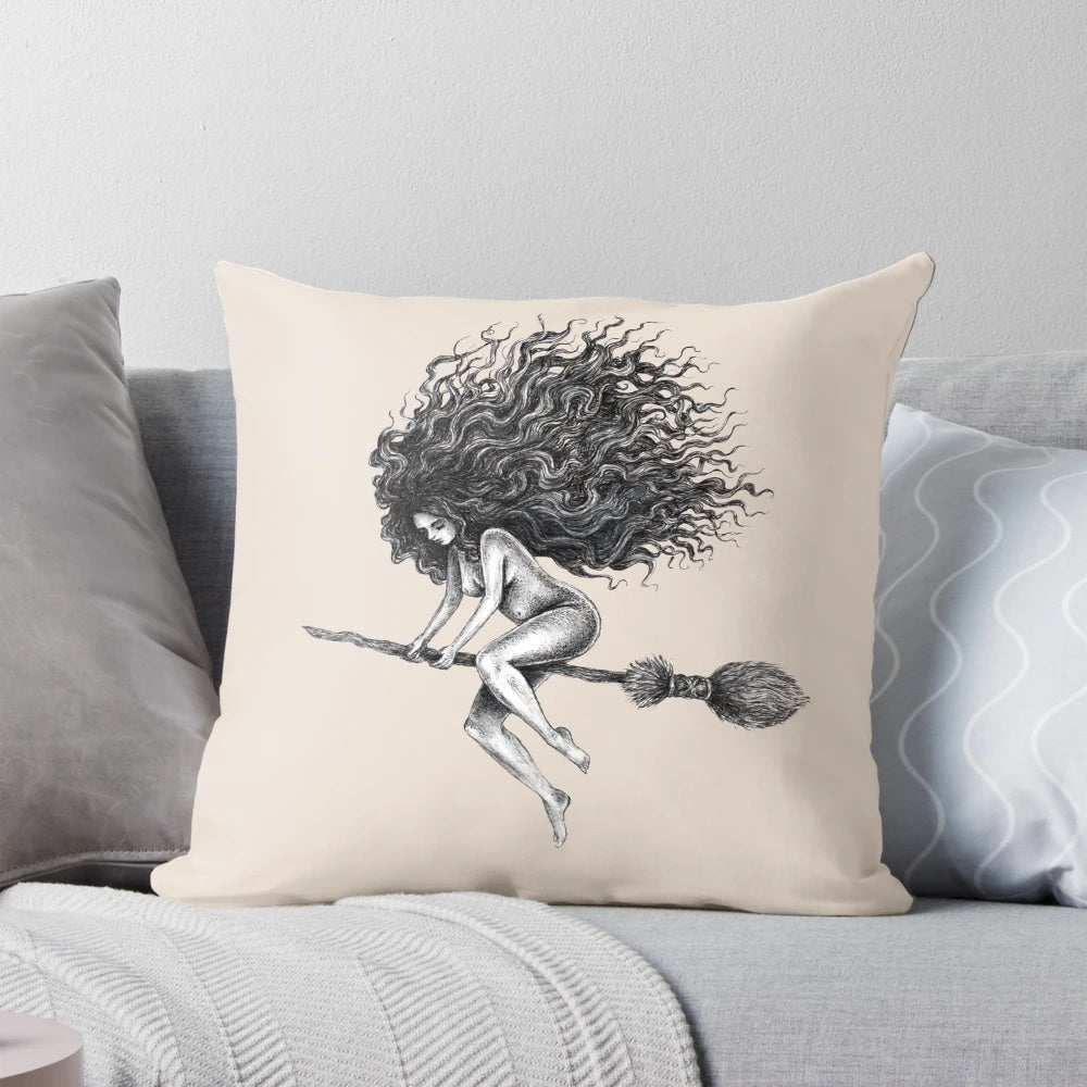 Soft, plush pillow featuring a witch riding a broom against a spooky, magical background.