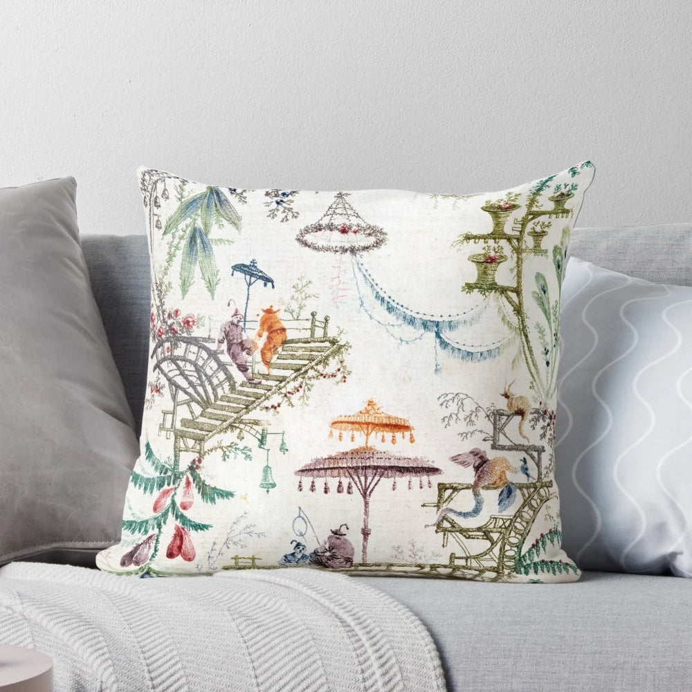 Enchanting blue and white chinoiserie accent pillow with birds and floral patterns, perfect for elegant, grandmillenial-style home decor.