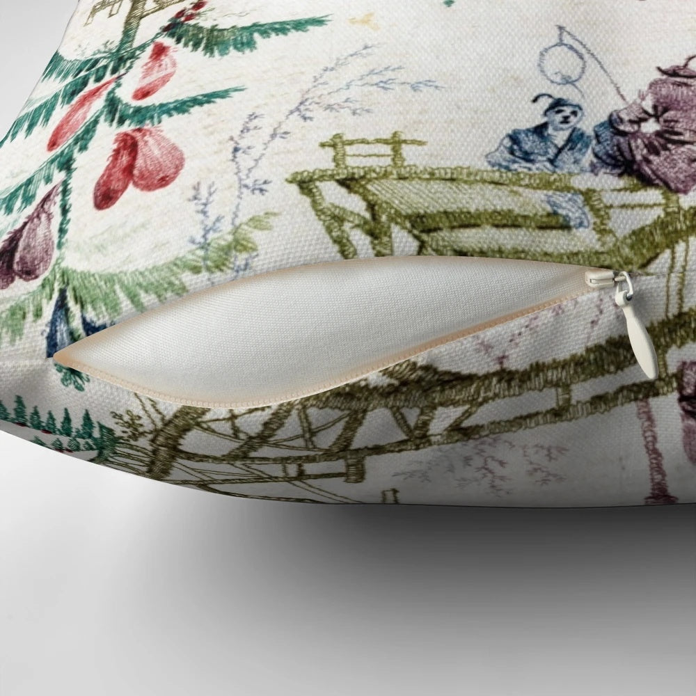 Enchanting blue and white chinoiserie accent pillow with birds and floral patterns, perfect for elegant, grandmillenial-style home decor.
