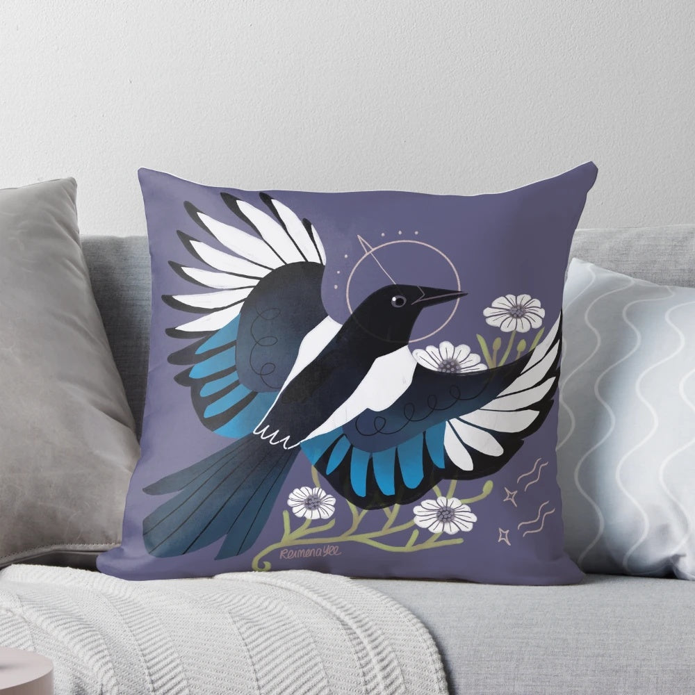 Whimsical throw pillow featuring a vibrant illustration of a European magpie bird surrounded by purple flowers and stars