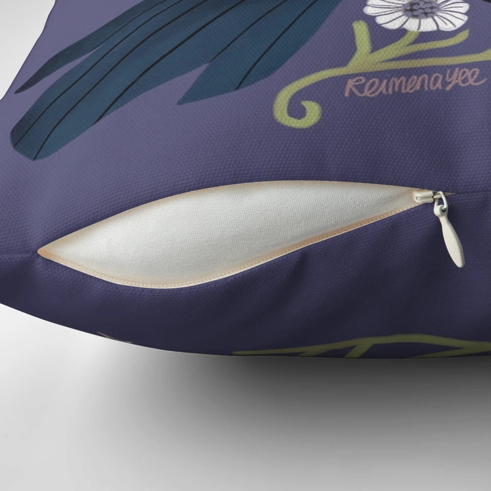 Whimsical throw pillow featuring a vibrant illustration of a European magpie bird surrounded by purple flowers and stars