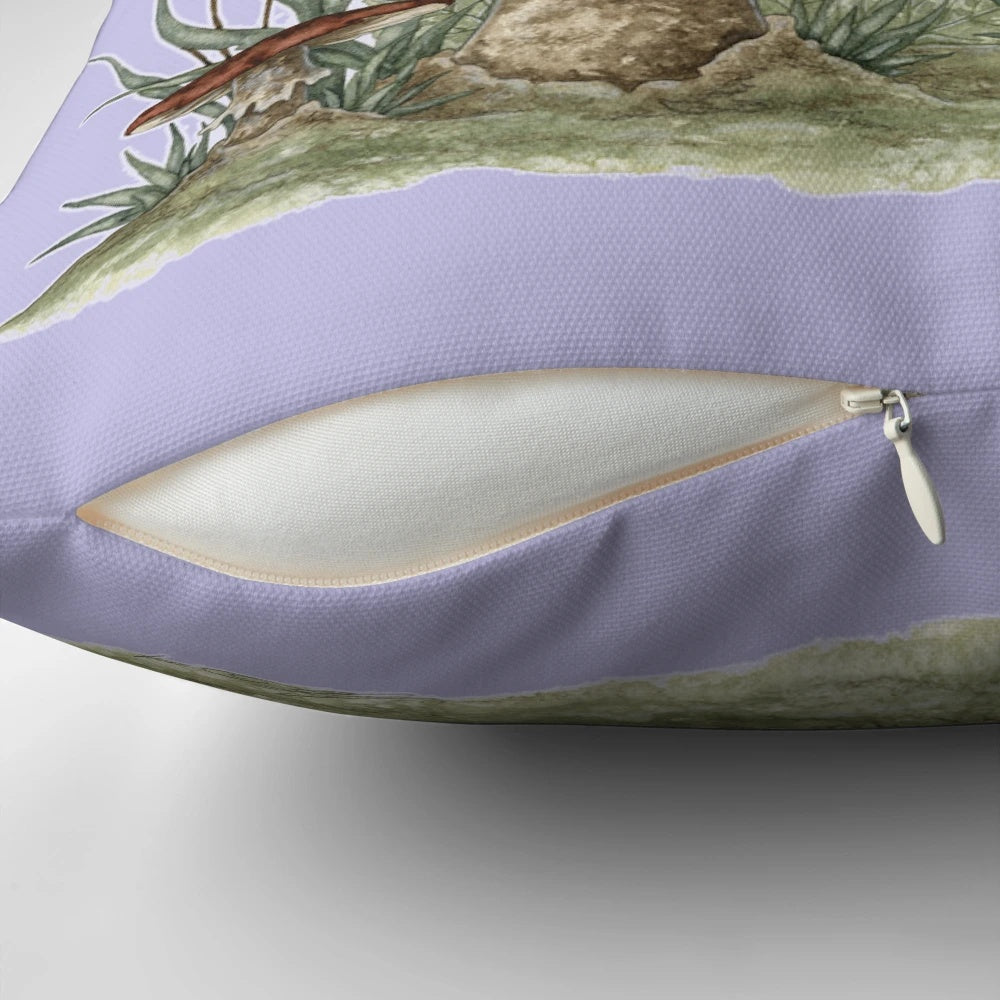 A soft, plush pillow featuring a fantasy fairy design with a dragon, mushrooms, and vibrant purple and blue colors.