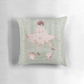 Decorative throw pillow featuring a design of dancing, pastel-colored mushrooms in an enchanted forest setting.