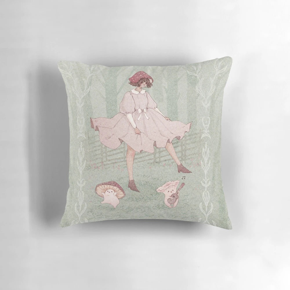 Decorative throw pillow featuring a design of dancing, pastel-colored mushrooms in an enchanted forest setting.