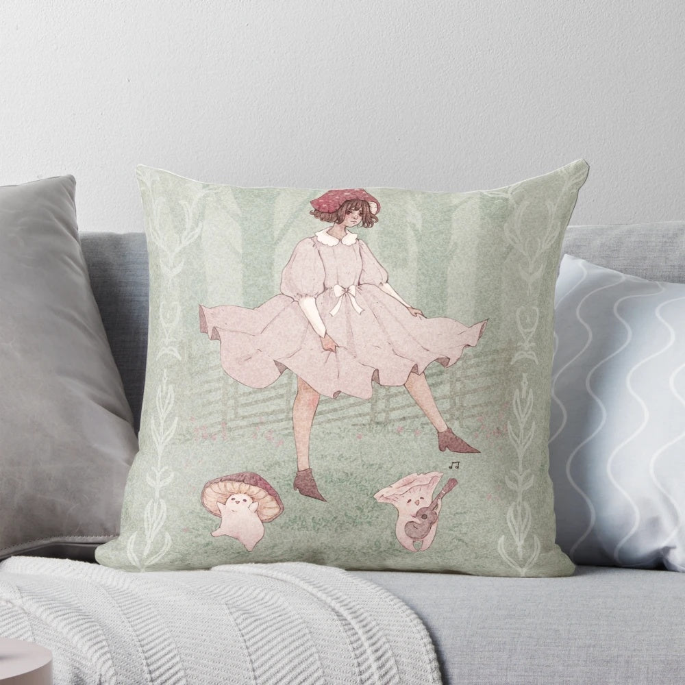 Decorative throw pillow featuring a design of dancing, pastel-colored mushrooms in an enchanted forest setting.
