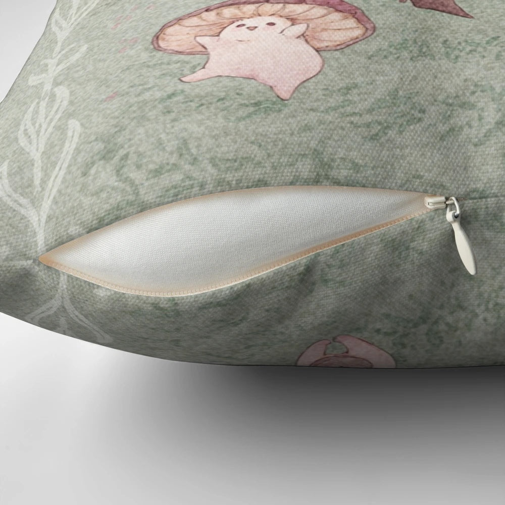 Decorative throw pillow featuring a design of dancing, pastel-colored mushrooms in an enchanted forest setting.