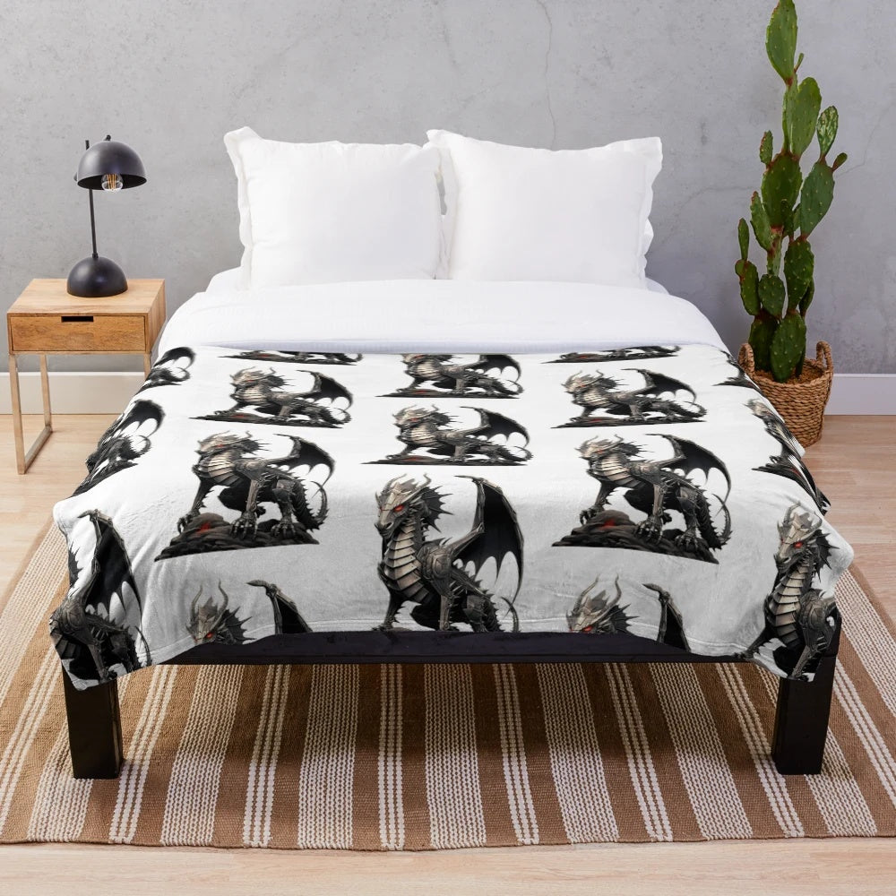 Enchanted fantasy plush blanket featuring a legendary knight and dragon