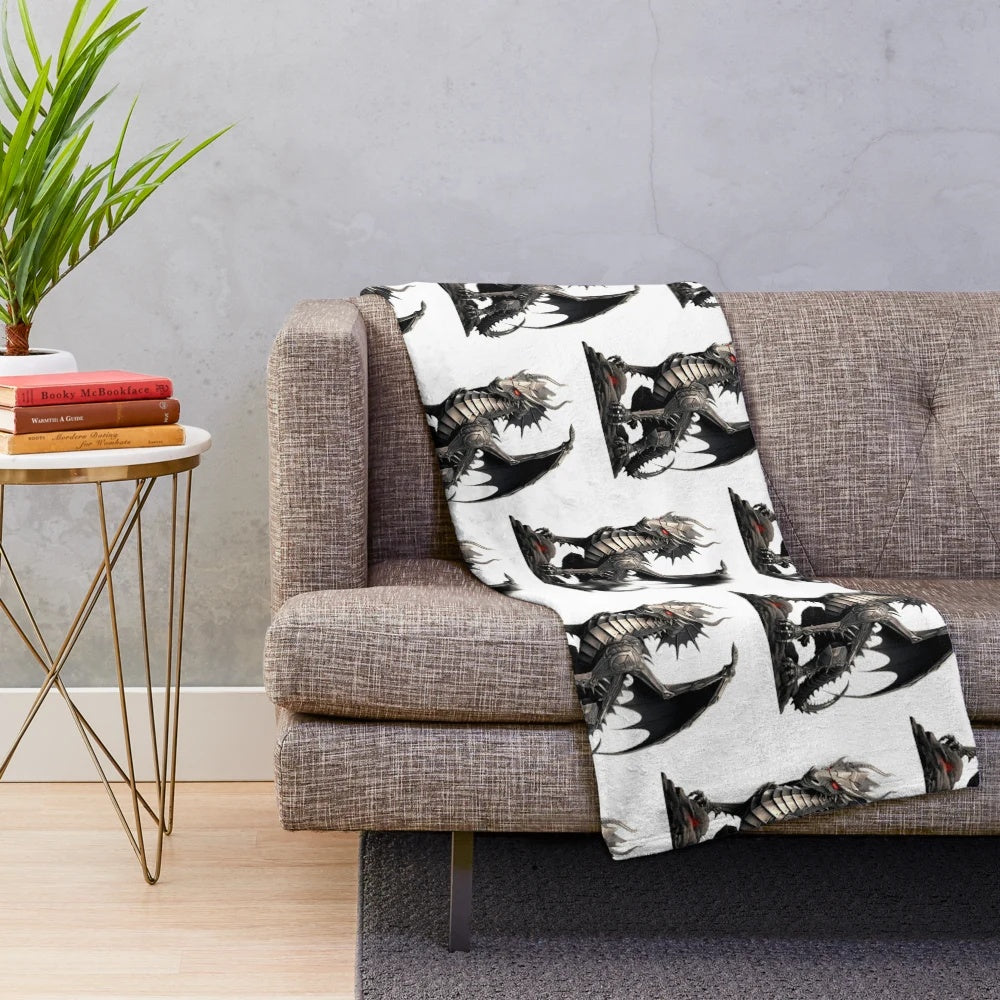 Enchanted fantasy plush blanket featuring a legendary knight and dragon