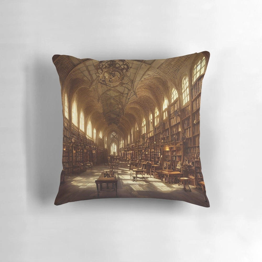 Pillow featuring a painting of a fantasy school library with magical books and shelves