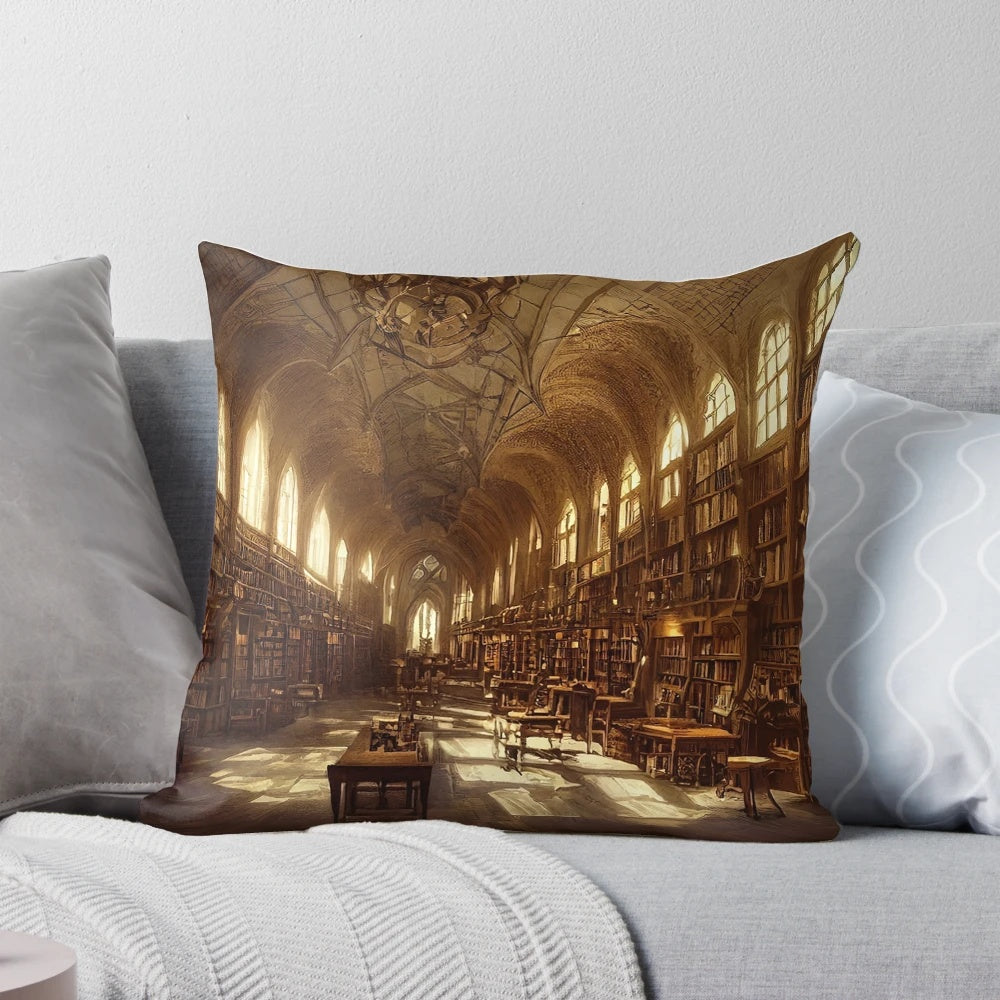 Pillow featuring a painting of a fantasy school library with magical books and shelves