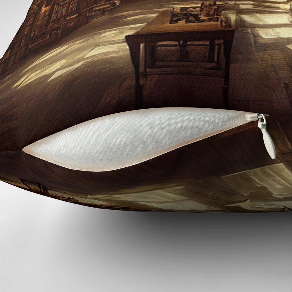 Pillow featuring a painting of a fantasy school library with magical books and shelves