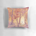 Enchanted forest scene with cathedral, deer, and girl on decorative pillow